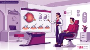 طبيب عيون يشرح تفاصيل عملية تغيير عدسة العين في تركيا للمريض داخل عيادة طبية فاخرة بتصميم عصري 
