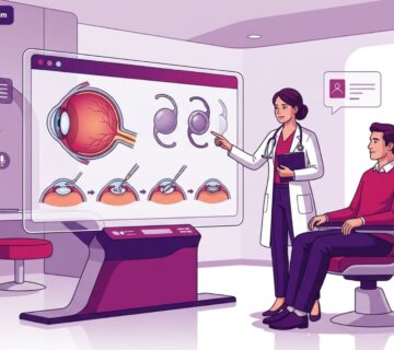 طبيب عيون يشرح تفاصيل عملية تغيير عدسة العين في تركيا للمريض داخل عيادة طبية فاخرة بتصميم عصري 