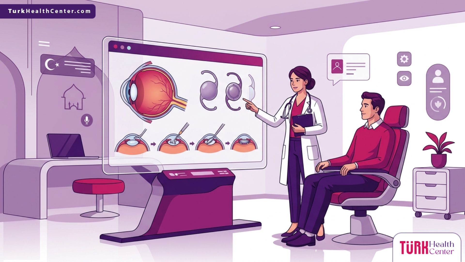 طبيب عيون يشرح تفاصيل عملية تغيير عدسة العين في تركيا للمريض داخل عيادة طبية فاخرة بتصميم عصري 