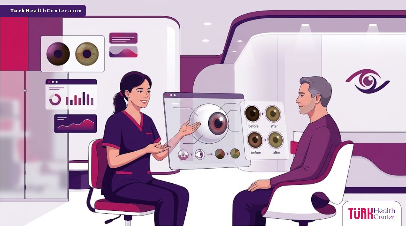 رسم توضيحي يظهر طبيب عيون يشرح تفاصيل عملية تغيير لون العين في تركيا لمريض داخل عيادة فاخرة 