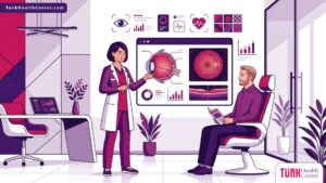 رسم توضيحي يظهر طبيب عيون يشرح تفاصيل إجراء عملية ثقب مركز الإبصار في تركيا لمريض داخل عيادة طبية حديثة 