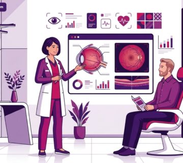 رسم توضيحي يظهر طبيب عيون يشرح تفاصيل إجراء عملية ثقب مركز الإبصار في تركيا لمريض داخل عيادة طبية حديثة 