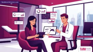 رسم توضيحي متطور لطبيب يشرح خطوات عملية زراعة الحواجب لمريض في عيادة طبية فاخرة 