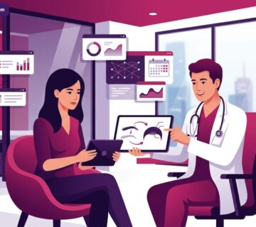 رسم توضيحي متطور لطبيب يشرح خطوات عملية زراعة الحواجب لمريض في عيادة طبية فاخرة 