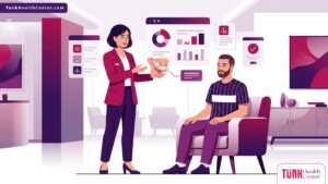 رسم توضيحي طبي فاخر لطبيب يشرح خطوات عملية زراعة الذقن لمريض داخل عيادة حديثة 