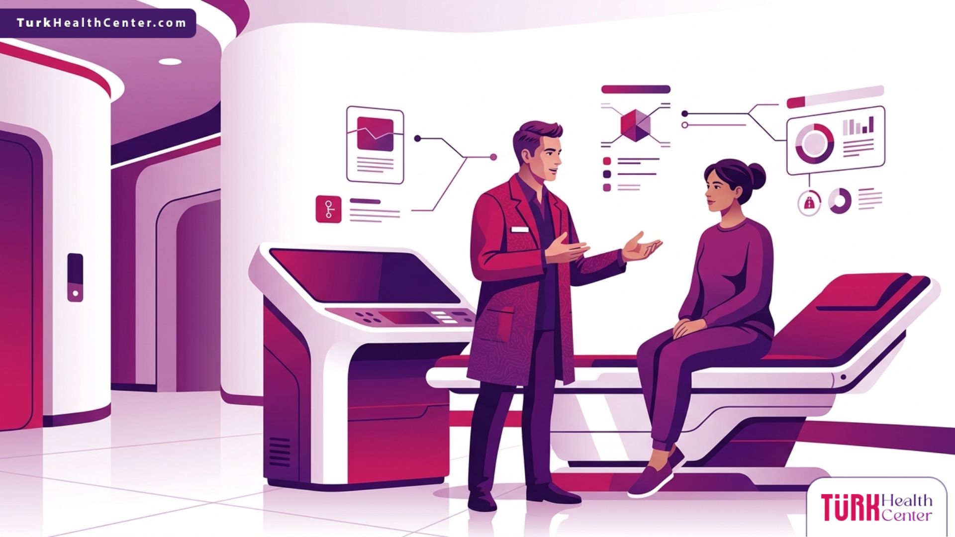 رسم توضيحي متقدم لعيادة طبية فاخرة يظهر طبيباً يشرح تفاصيل عملية زراعة الرأس لمريض بثقة وهدوء 