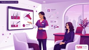 رسم توضيحي متجهي فاخر لعيادة طبية حديثة يشرح فيها الطبيب تفاصيل عملية زراعة الرموش للمريض 