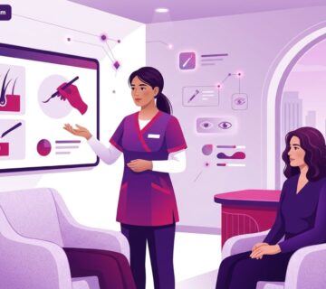 رسم توضيحي متجهي فاخر لعيادة طبية حديثة يشرح فيها الطبيب تفاصيل عملية زراعة الرموش للمريض 