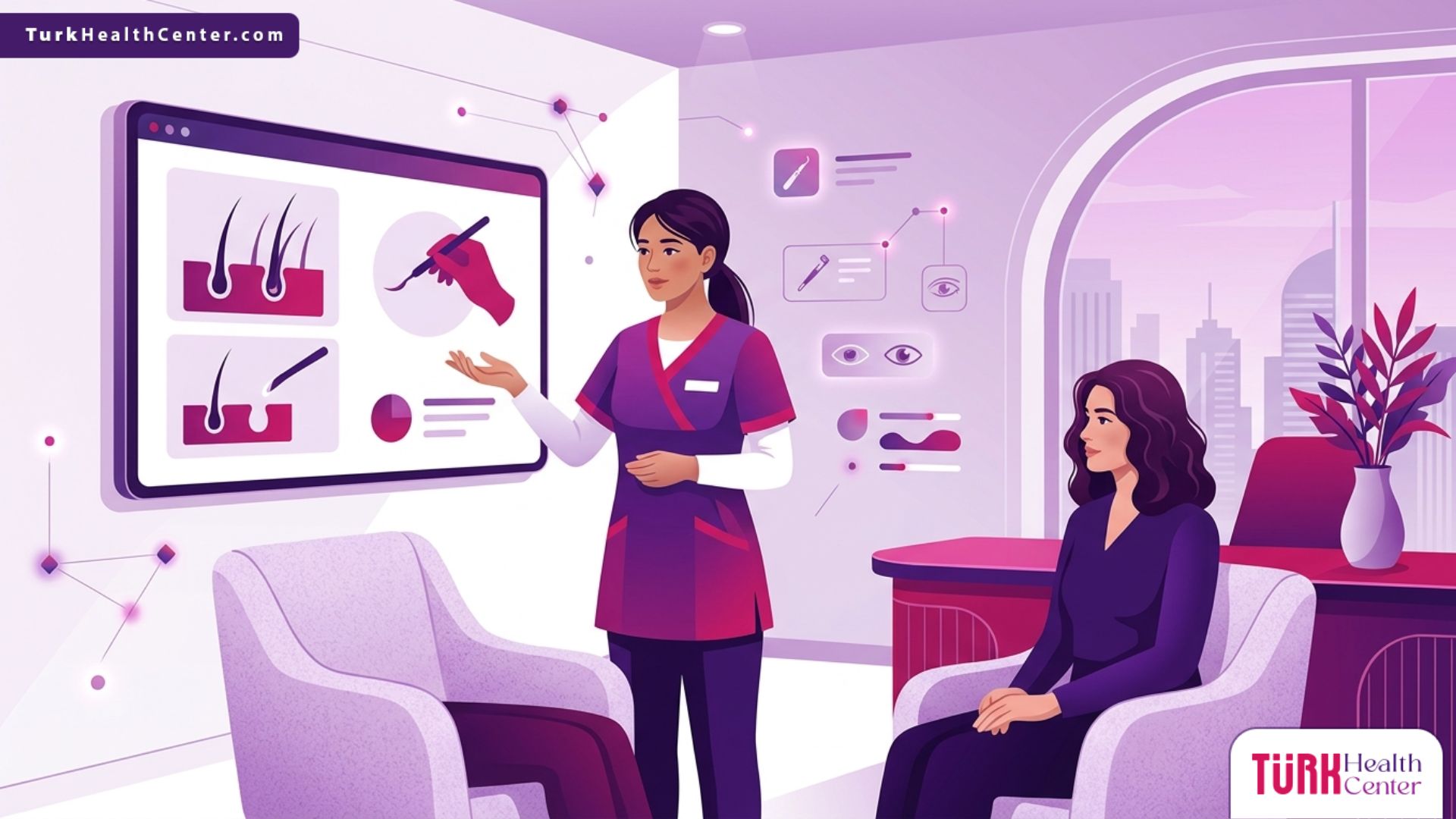 رسم توضيحي متجهي فاخر لعيادة طبية حديثة يشرح فيها الطبيب تفاصيل عملية زراعة الرموش للمريض 