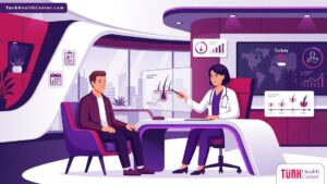 رسم توضيحي يظهر طبيباً يشرح تفاصيل عملية زراعة الشعر في تركيا لمريض في عيادة طبية فاخرة 