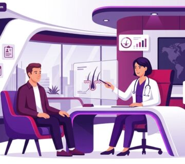 رسم توضيحي يظهر طبيباً يشرح تفاصيل عملية زراعة الشعر في تركيا لمريض في عيادة طبية فاخرة 