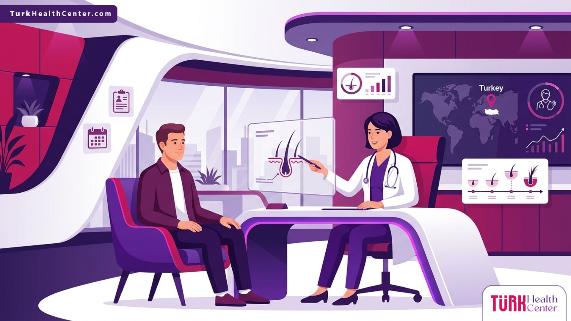 رسم توضيحي يظهر طبيباً يشرح تفاصيل عملية زراعة الشعر في تركيا لمريض في عيادة طبية فاخرة 