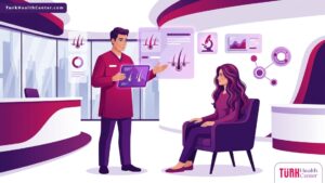 رسم توضيحي احترافي لطبيب يشرح تفاصيل عملية زراعة الشعر للنساء داخل عيادة طبية فاخرة 