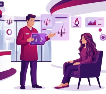 رسم توضيحي احترافي لطبيب يشرح تفاصيل عملية زراعة الشعر للنساء داخل عيادة طبية فاخرة 