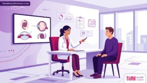 طبيب عيون يشرح تفاصيل عملية زراعة العدسات في تركيا للمريض داخل عيادة طبية حديثة بتصميم فيكتور عصري
