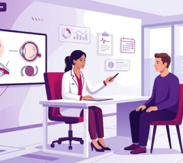 طبيب عيون يشرح تفاصيل عملية زراعة العدسات في تركيا للمريض داخل عيادة طبية حديثة بتصميم فيكتور عصري