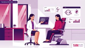 رسم توضيحي لطبيب عيون يشرح تفاصيل عملية زراعة العدسات للمسافات البعيدة لمريض في عيادة طبية حديثة 