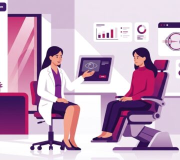 رسم توضيحي لطبيب عيون يشرح تفاصيل عملية زراعة العدسات للمسافات البعيدة لمريض في عيادة طبية حديثة 