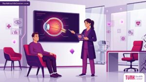 رسم توضيحي يظهر طبيب عيون يشرح تفاصيل عملية زراعة القرنية في تركيا لمريض داخل عيادة حديثة 