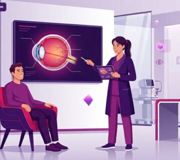 رسم توضيحي يظهر طبيب عيون يشرح تفاصيل عملية زراعة القرنية في تركيا لمريض داخل عيادة حديثة 