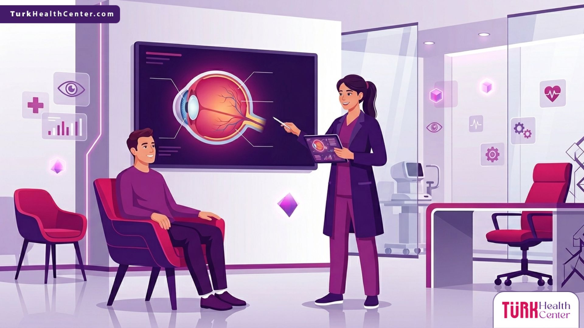 رسم توضيحي يظهر طبيب عيون يشرح تفاصيل عملية زراعة القرنية في تركيا لمريض داخل عيادة حديثة 