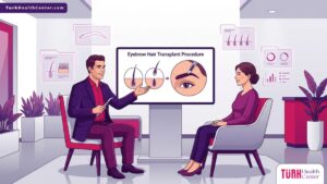 رسم توضيحي لطبيب يشرح تفاصيل عملية زراعة شعر الحواجب في عيادة تجميل فاخرة