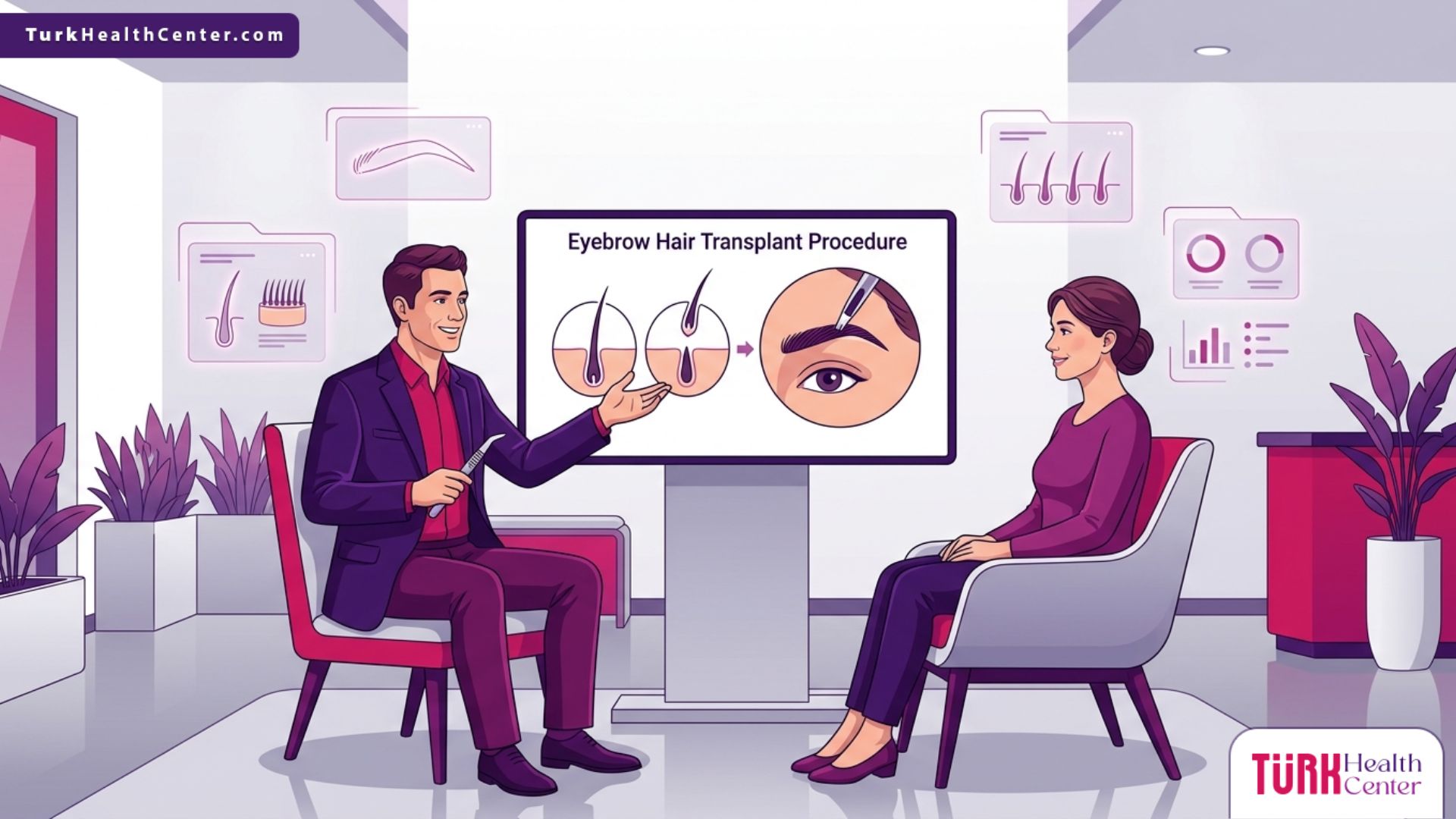 رسم توضيحي لطبيب يشرح تفاصيل عملية زراعة شعر الحواجب في عيادة تجميل فاخرة