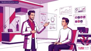 رسم توضيحي لعيادة طبية حديثة يوضح فيها الطبيب للمريض تفاصيل وإجراءات عملية زراعة شعر الذقن 