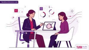 رسم توضيحي يظهر طبيباً يشرح تفاصيل عملية زراعة صمام لتصريف ضغط العين لمريض في عيادة حديثة 