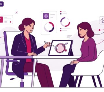 رسم توضيحي يظهر طبيباً يشرح تفاصيل عملية زراعة صمام لتصريف ضغط العين لمريض في عيادة حديثة 