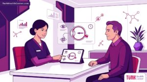 رسم توضيحي متقدم لطبيب عيون يشرح تفاصيل عملية زراعة عدسة العين بعد الأربعين للمريض في عيادة طبية فاخرة 