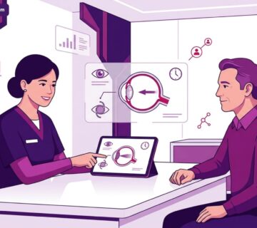 رسم توضيحي متقدم لطبيب عيون يشرح تفاصيل عملية زراعة عدسة العين بعد الأربعين للمريض في عيادة طبية فاخرة 