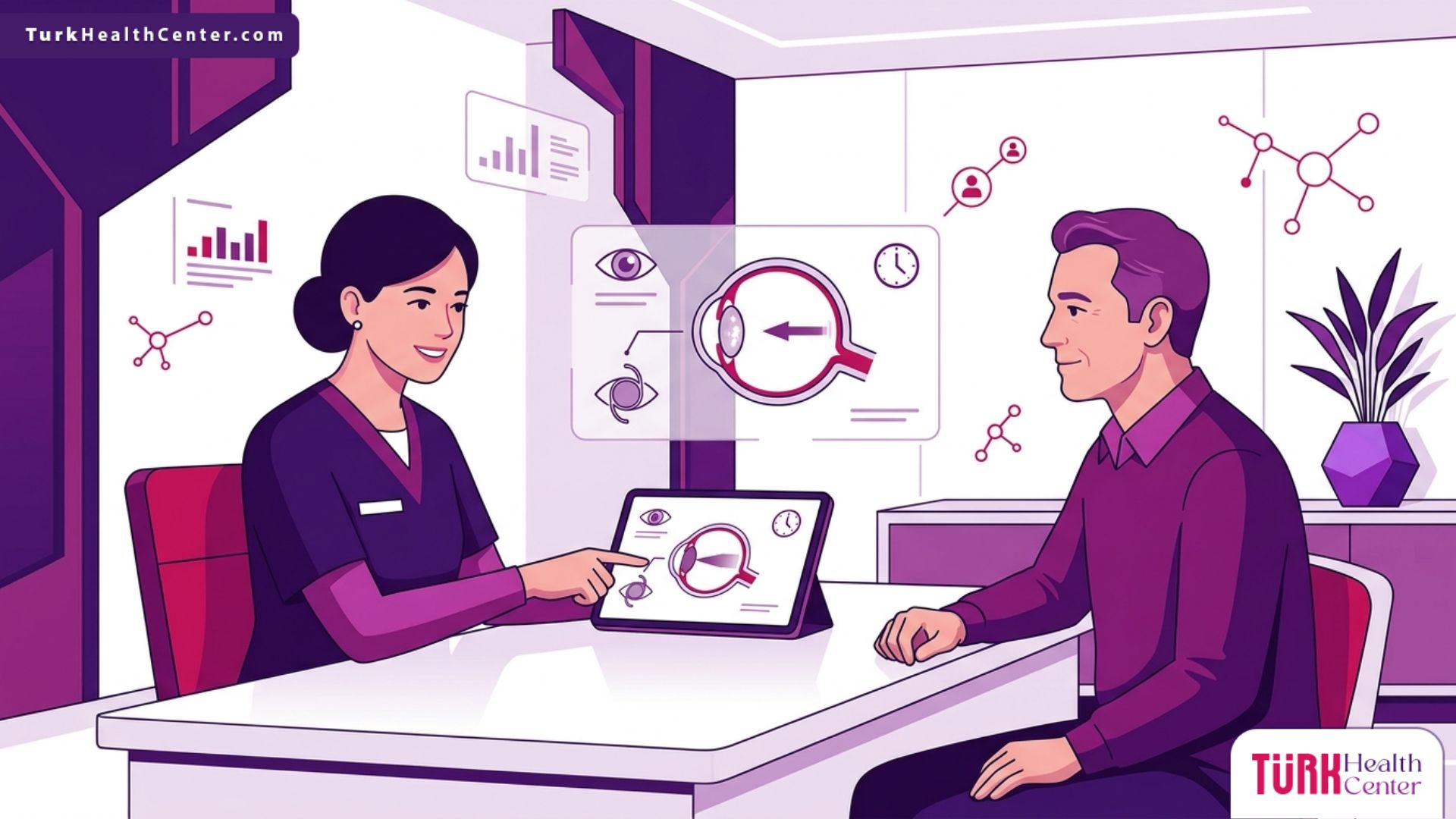 رسم توضيحي متقدم لطبيب عيون يشرح تفاصيل عملية زراعة عدسة العين بعد الأربعين للمريض في عيادة طبية فاخرة 