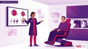 توضيح لعيادة طبية حديثة يشرح فيها الطبيب تفاصيل عملية زراعة عدسة في تركيا للمريض 
