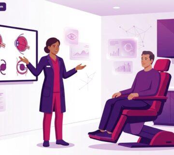 توضيح لعيادة طبية حديثة يشرح فيها الطبيب تفاصيل عملية زراعة عدسة في تركيا للمريض 