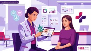 رسم توضيحي طبي يظهر طبيباً يشرح تفاصيل عملية زرع الرموش لمريضة داخل عيادة تجميل فاخرة 