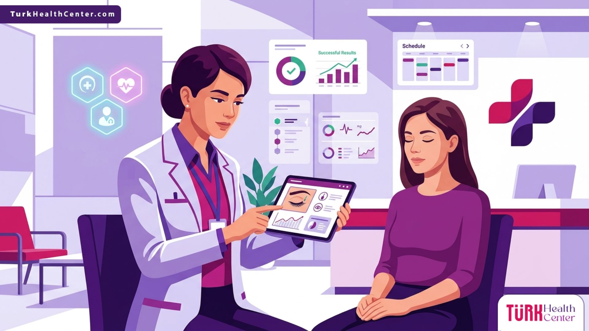 رسم توضيحي طبي يظهر طبيباً يشرح تفاصيل عملية زرع الرموش لمريضة داخل عيادة تجميل فاخرة 