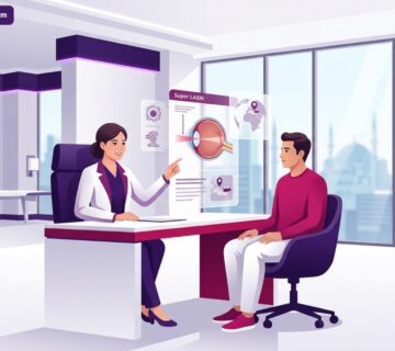 رسم توضيحي لعيادة عيون حديثة وطبيب يشرح تفاصيل عملية سوبر ليزك في تركيا لمريض