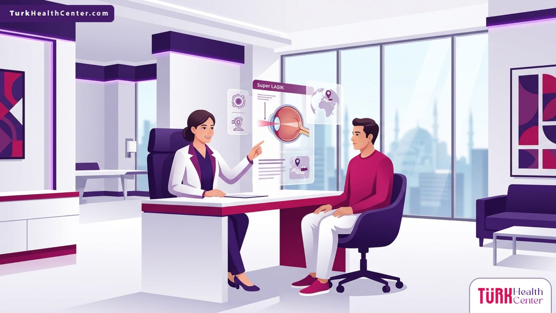 رسم توضيحي لعيادة عيون حديثة وطبيب يشرح تفاصيل عملية سوبر ليزك في تركيا لمريض