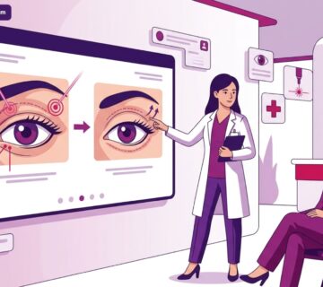 رسم توضيحي يمثل استشارة طبية في عيادة تجميل متطورة حول عملية شد الجفون بالليزر في تركيا 