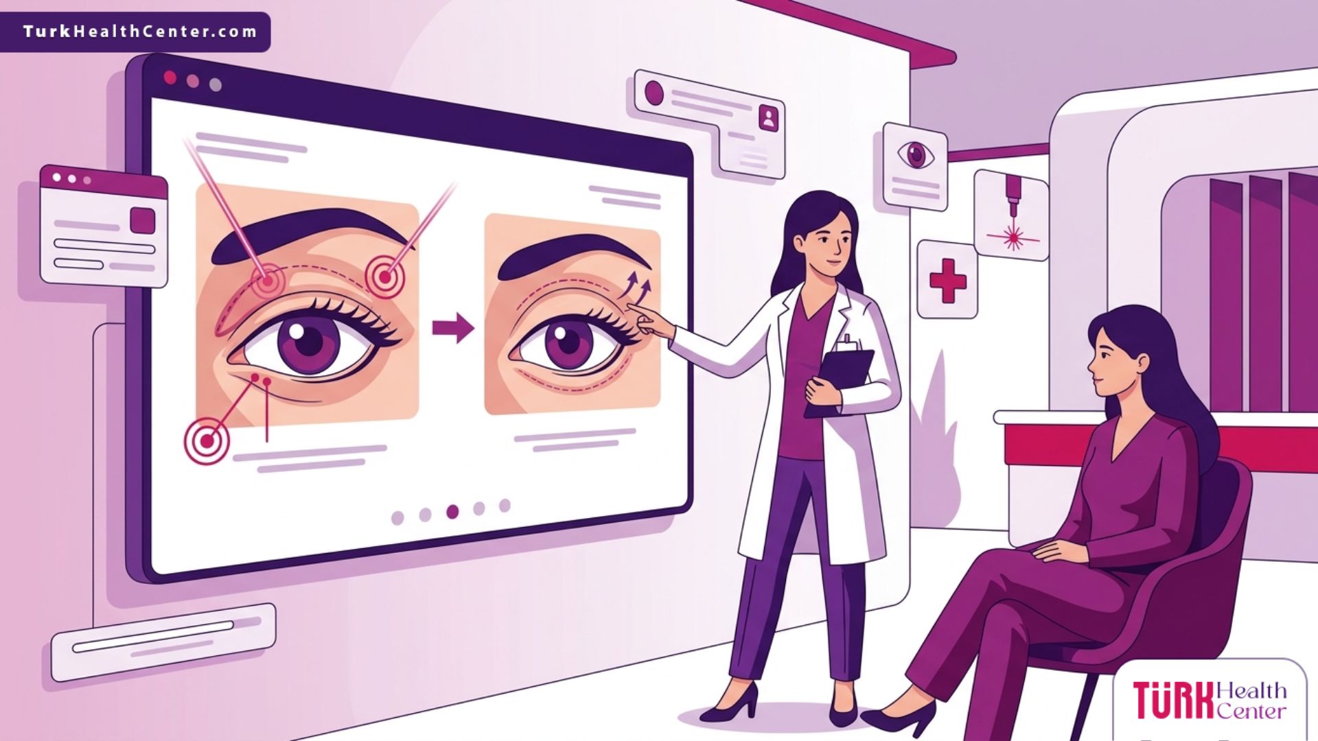 رسم توضيحي يمثل استشارة طبية في عيادة تجميل متطورة حول عملية شد الجفون بالليزر في تركيا 