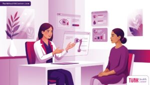 رسم توضيحي فني يظهر استشارة طبية حول عملية مجرى الدمع في تركيا داخل عيادة عيون حديثة ومجهزة 