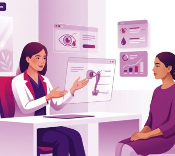 رسم توضيحي فني يظهر استشارة طبية حول عملية مجرى الدمع في تركيا داخل عيادة عيون حديثة ومجهزة 