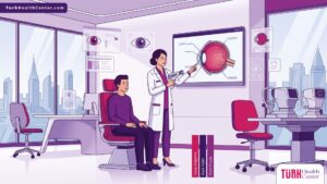 رسم توضيحي يظهر طبيباً يشرح تفاصيل حول عنوان عيادة العيون في تركيا لمريض داخل عيادة طبية حديثة