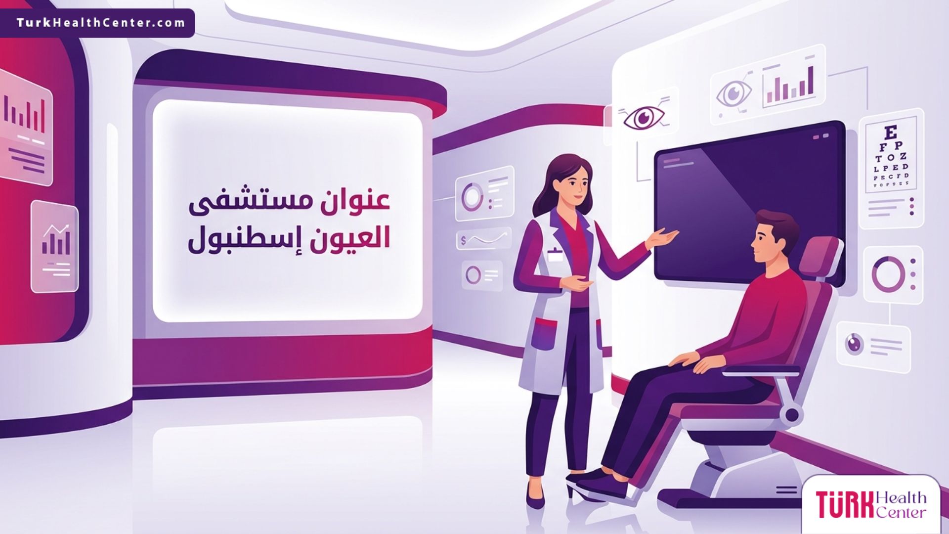 رسم توضيحي لعيادة حديثة تشرح موقع وعنوان مستشفى العيون إسطنبول للمرضى