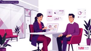 رسم توضيحي يظهر طبيب يشرح الإجراءات الطبية لمريض داخل إحدى عيادات عيون في إسطنبول بألوان احترافية 