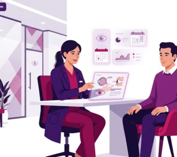 رسم توضيحي يظهر طبيب يشرح الإجراءات الطبية لمريض داخل إحدى عيادات عيون في إسطنبول بألوان احترافية 