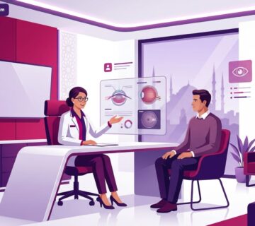 رسم توضيحي لغرفة استشارة طبية حديثة تمثل أرقى عيادات عيون متخصصة في إسطنبول حيث يشرح الطبيب الإجراءات للمريض 