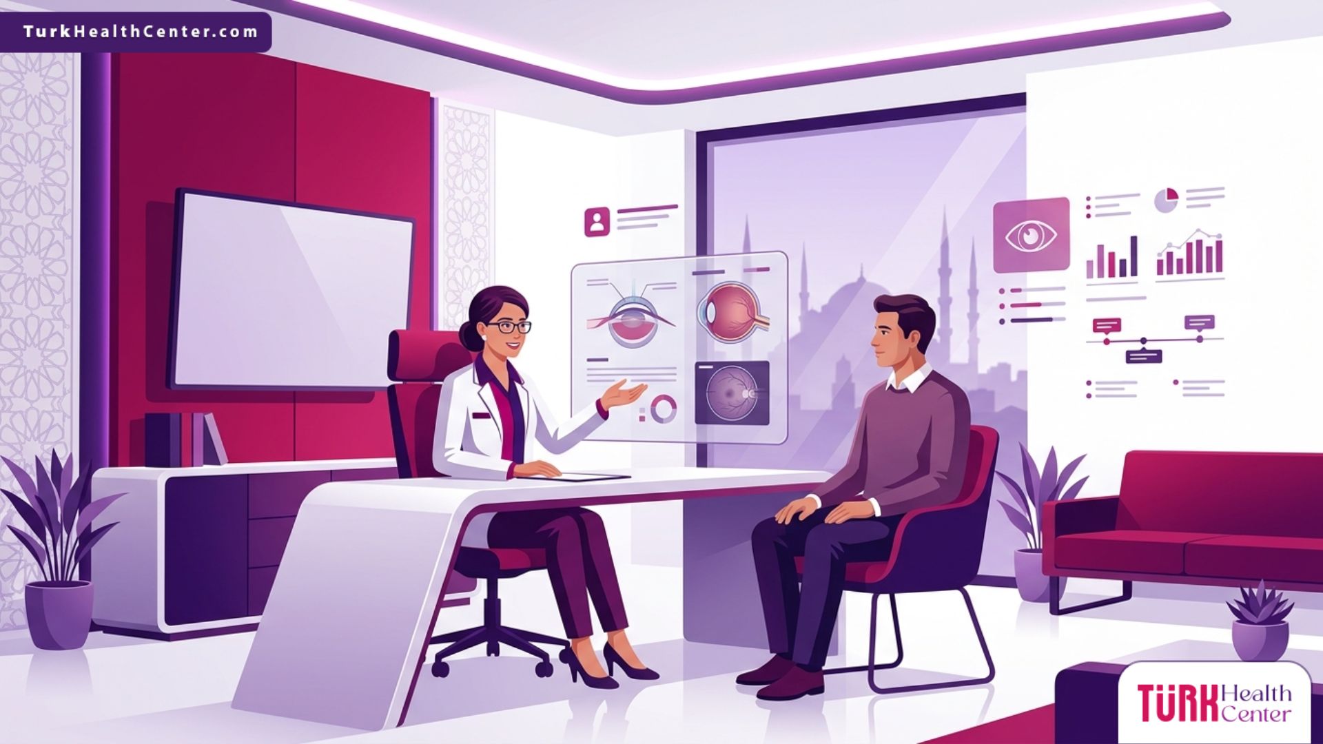 رسم توضيحي لغرفة استشارة طبية حديثة تمثل أرقى عيادات عيون متخصصة في إسطنبول حيث يشرح الطبيب الإجراءات للمريض 