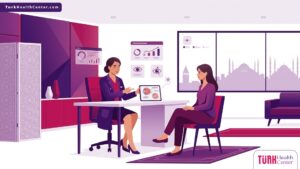 رسم توضيحي حديث لطبيب يشرح خطوات العلاج لمريض في عيادة تجميل عيون في تركيا 